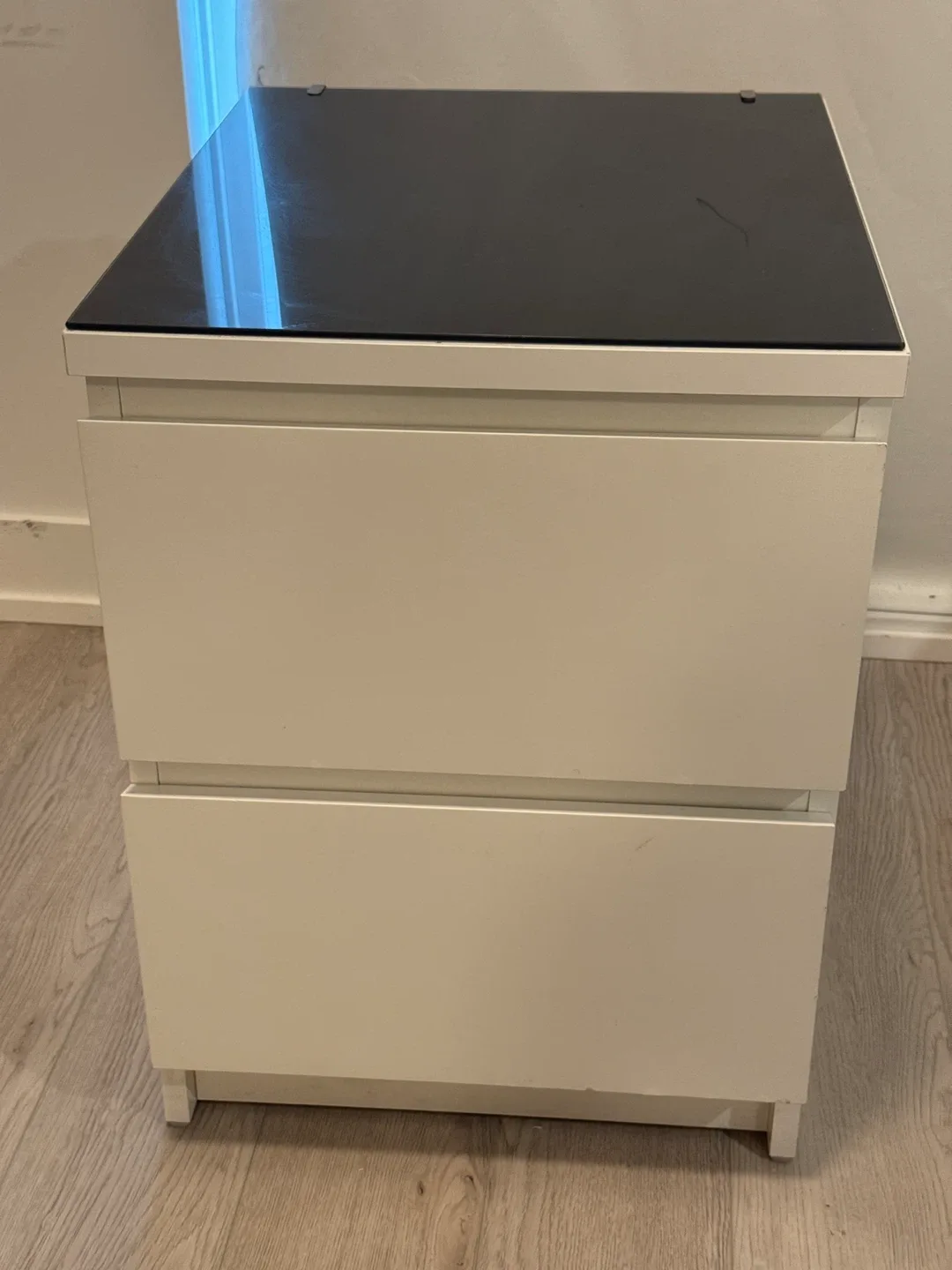 White Bedside Table with Black Glass Top