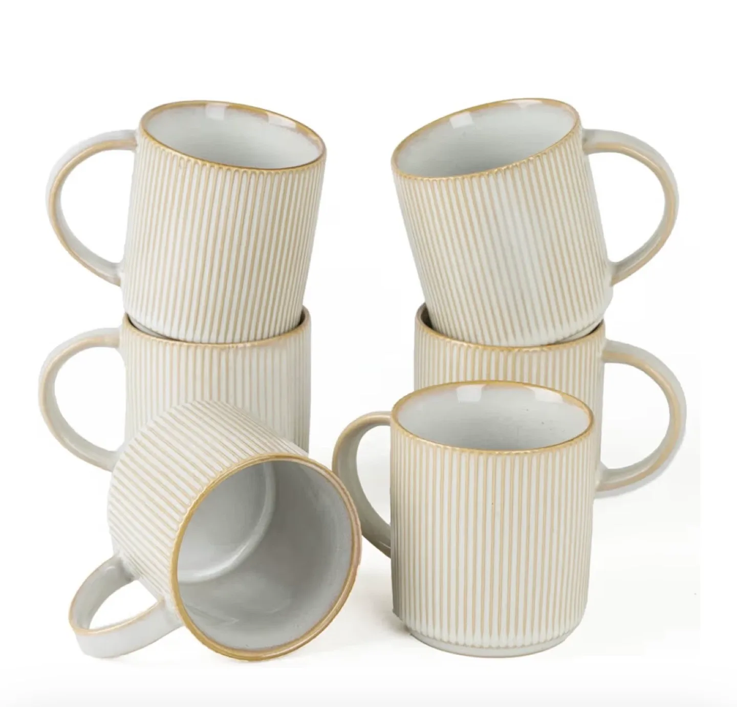 Set of 6 Cream Ribbed Mugs - 12 oz Capacity