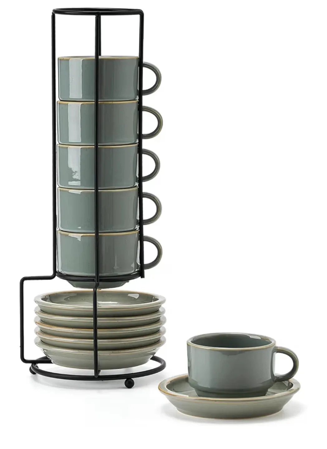 Sage Green Cup and Saucer Set with Stand