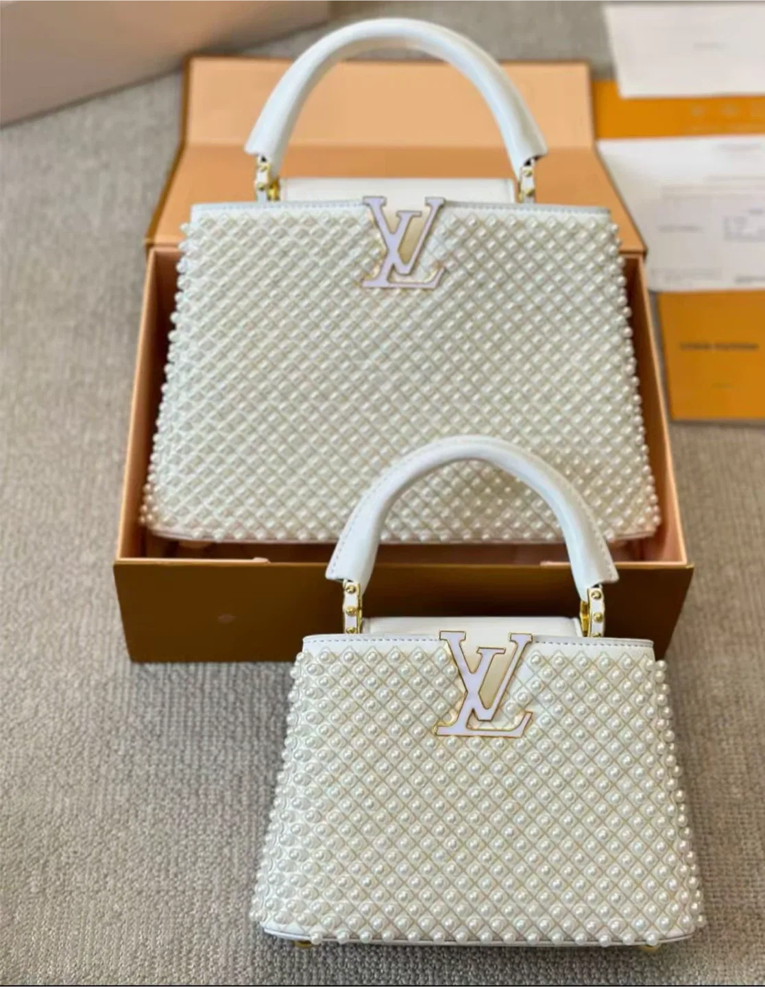 Louis Vuitton White Pearl Embellished Top Handle Bag thumbnail
