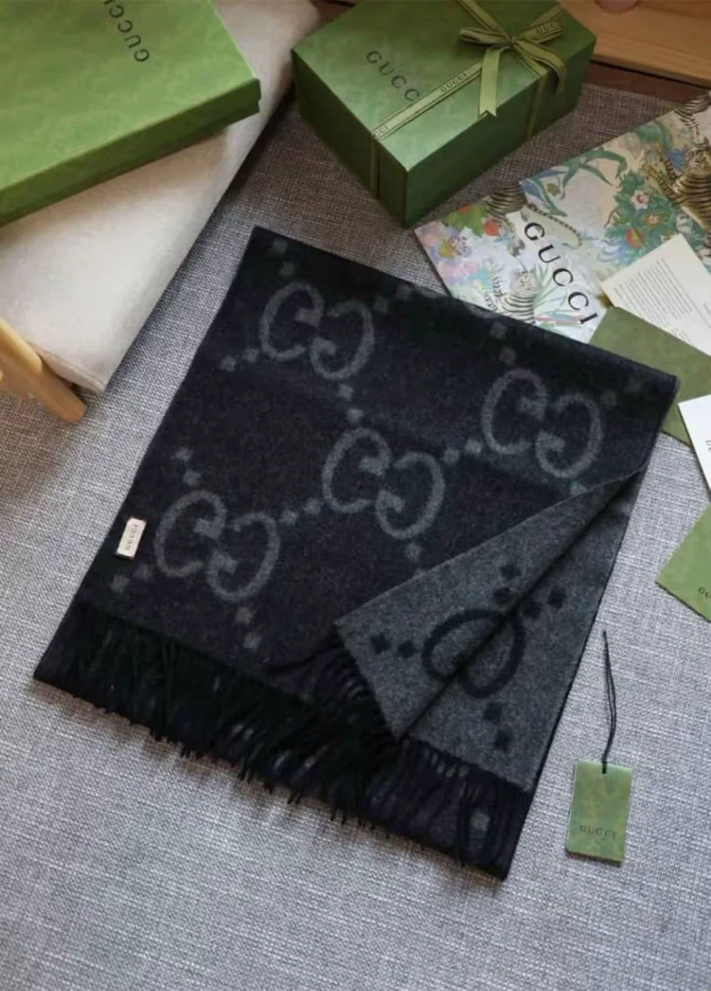 Gucci Wool Scarf - Black & Grey thumbnail
