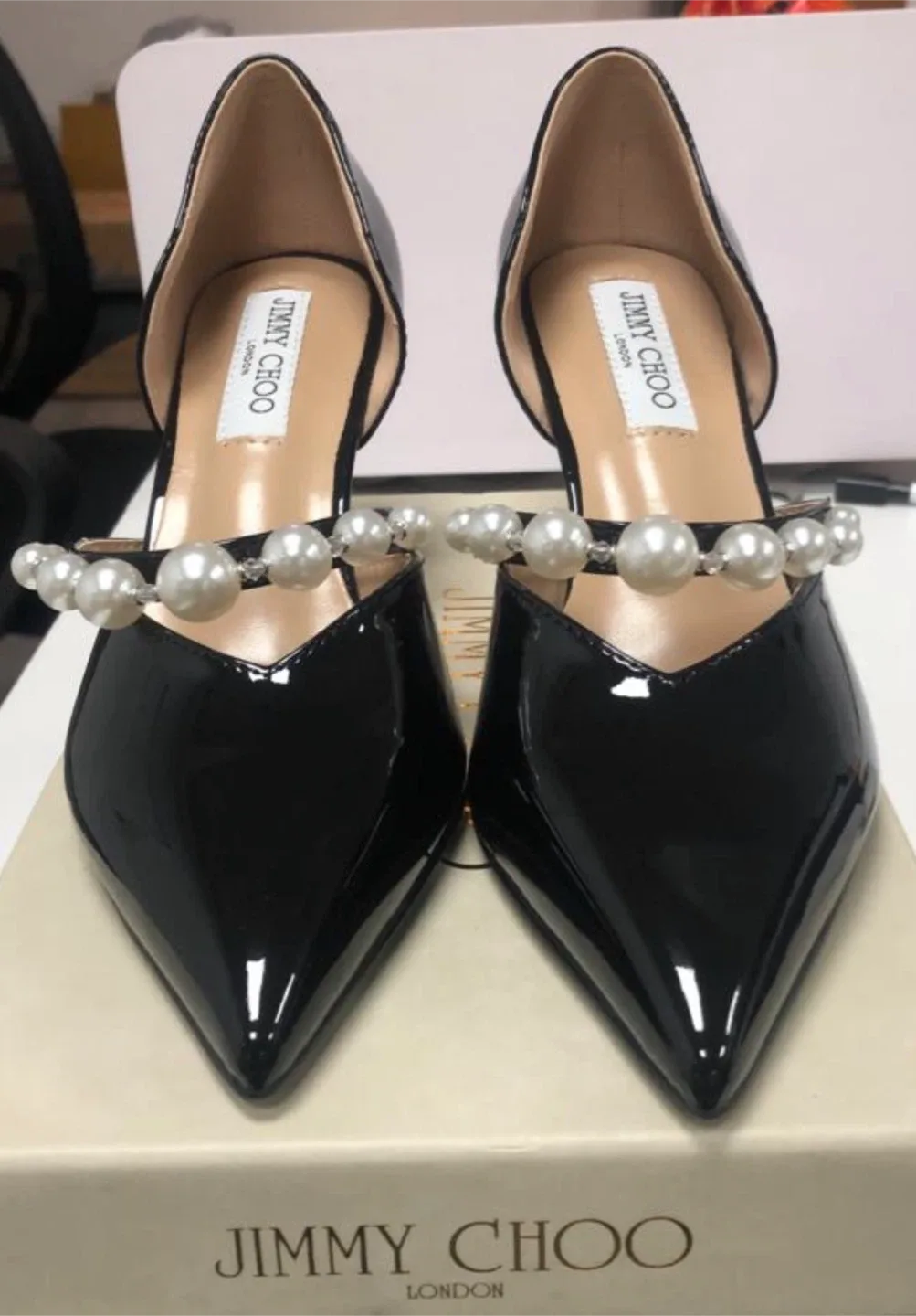 Jimmy Choo Black Patent Leather Heels with Pearls image indicator(2)