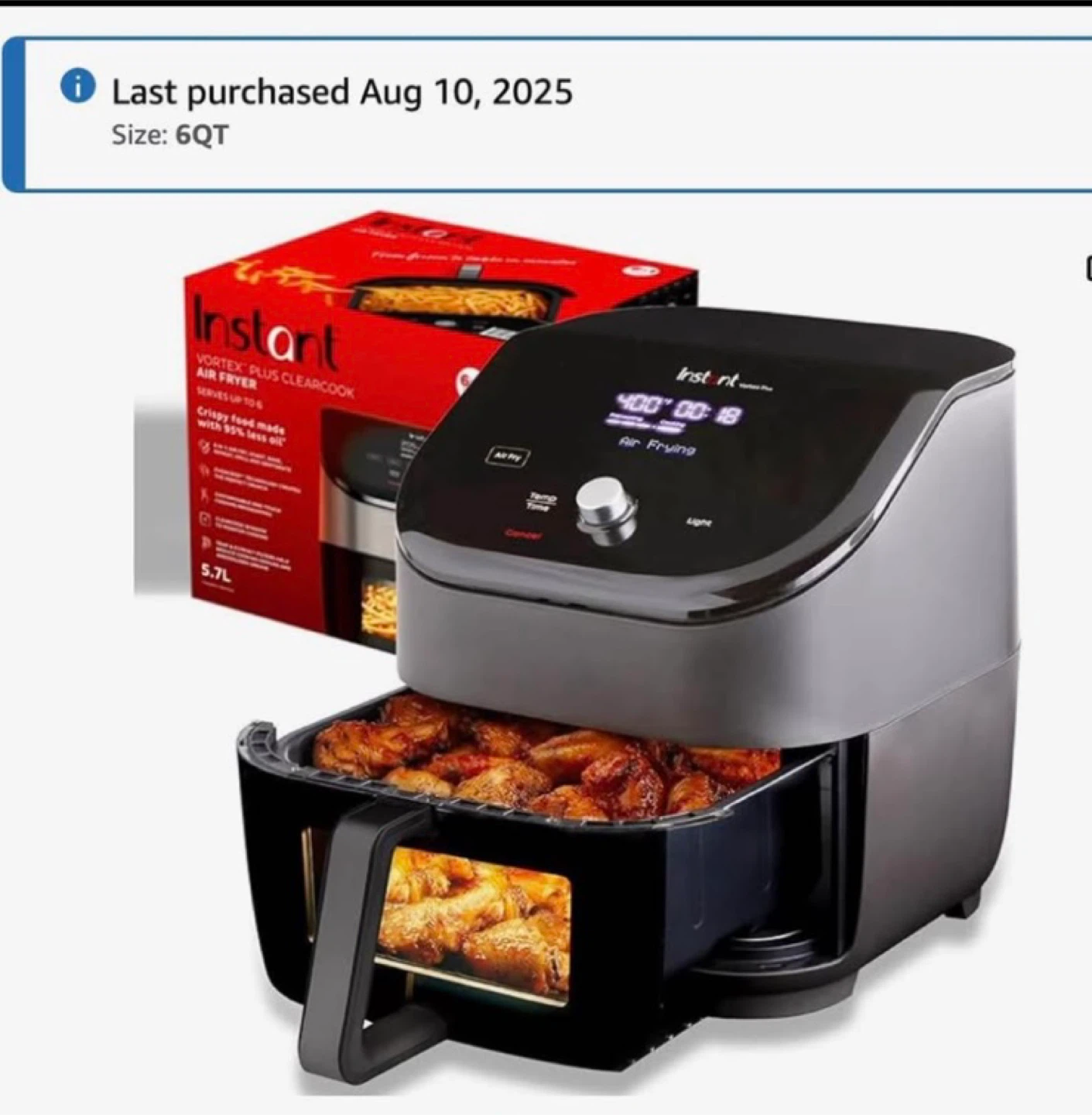 Instant Vortex Plus ClearCook Air Fryer 6QT
