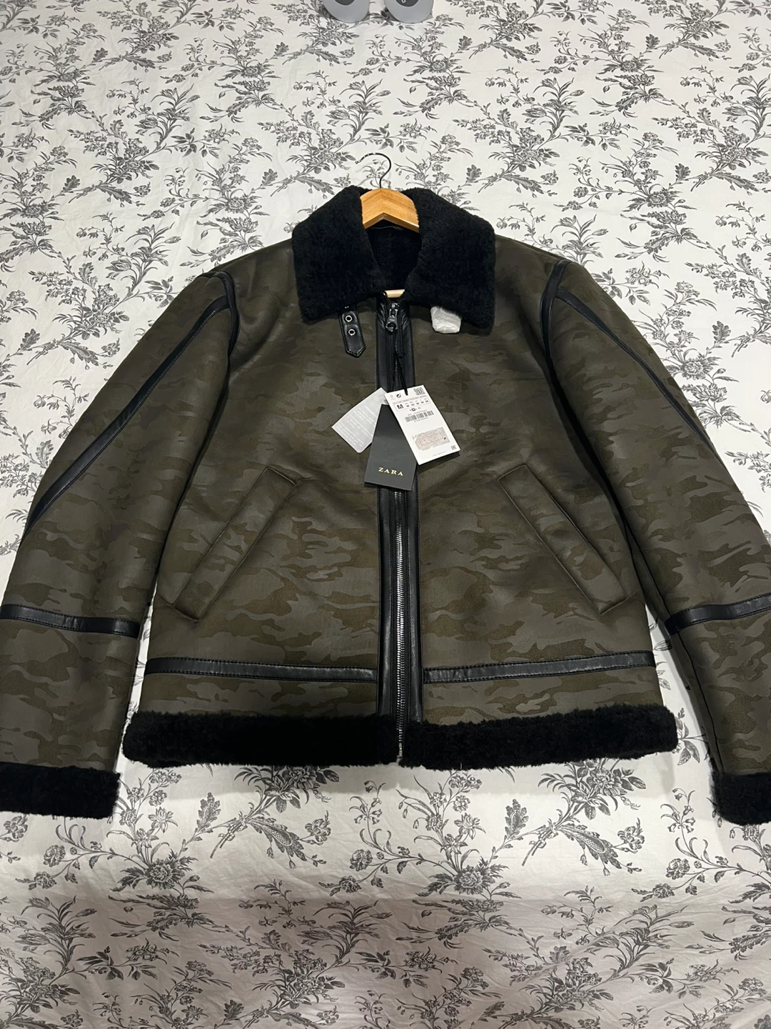 Zara Camo Print Faux Fur Trim Jacket - Size M