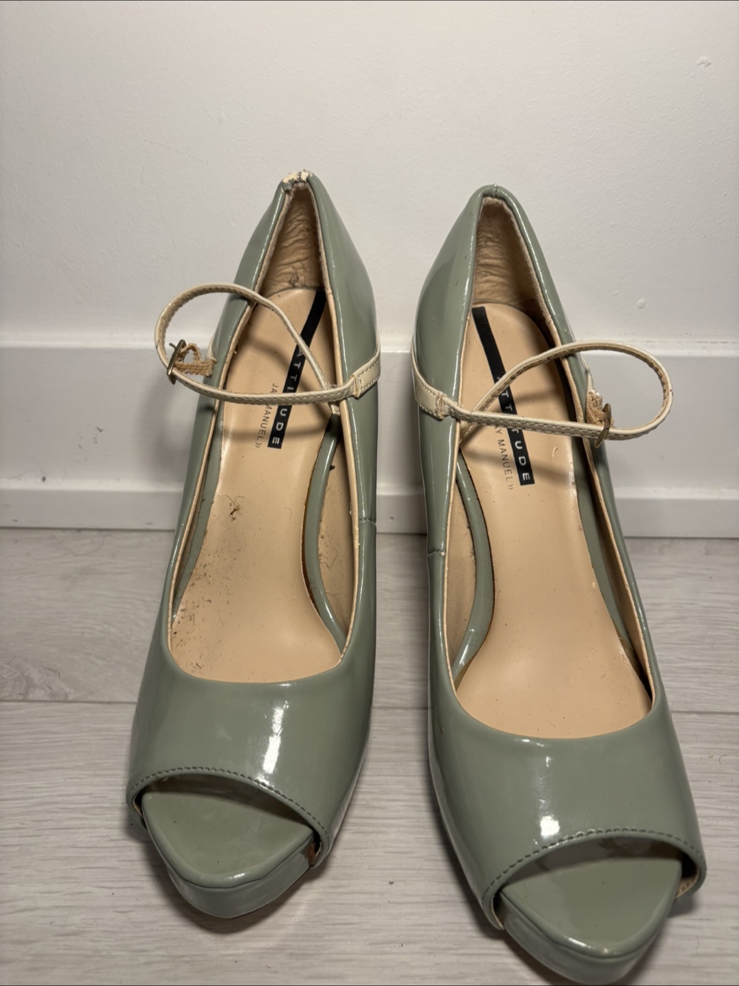 ATTITUDE by Jay Manuel: Retro Mint Green Patent Peep-Toe Heels