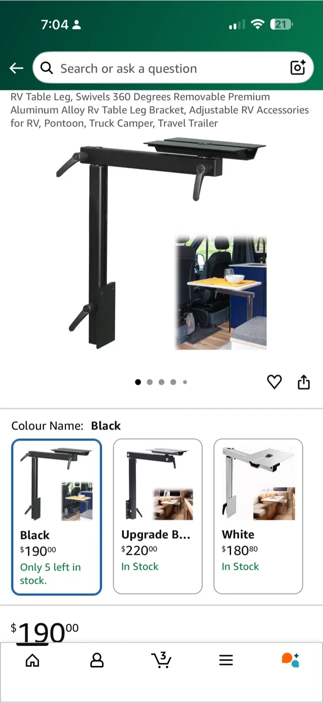 RV Table Leg, Swivels 360 Black