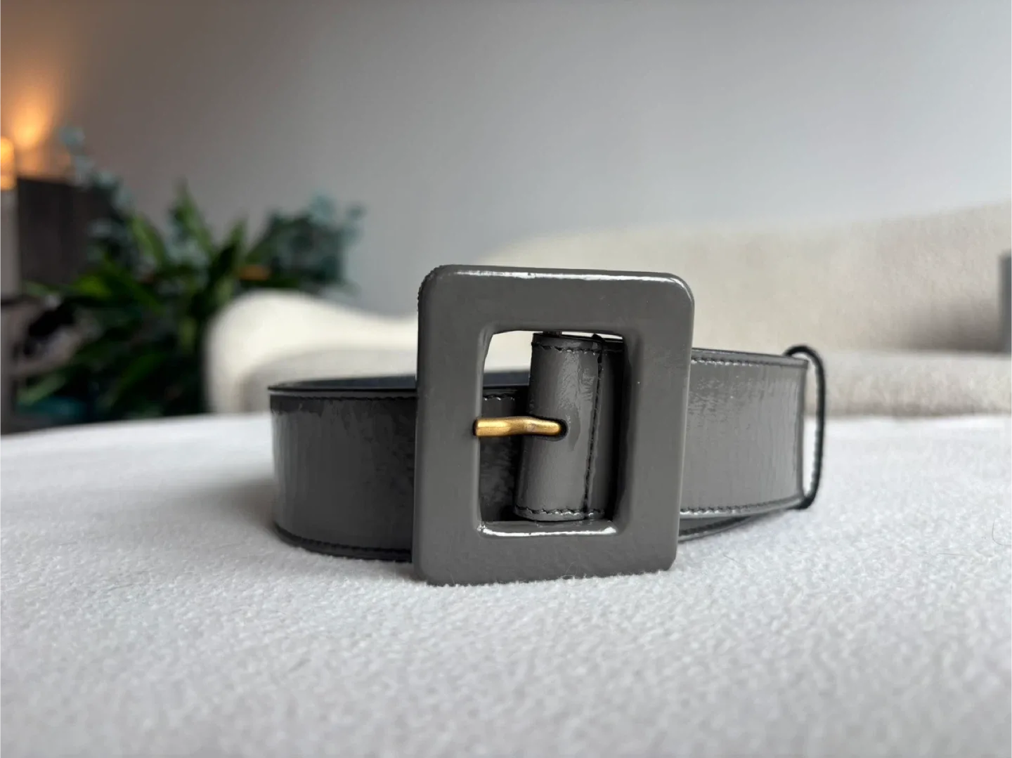 YSL Saint Laurent Grey Patent Leather Belt
