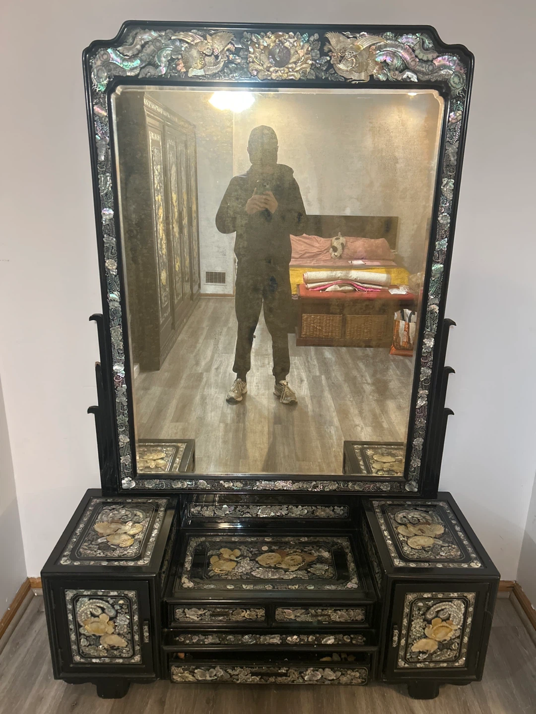 Korean Black Lacquer Dressing Cabinet With Intricate MOP Inlay