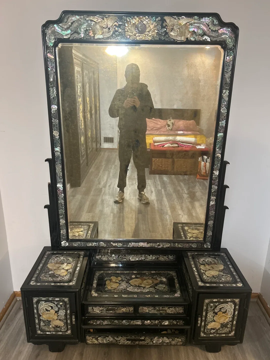 Korean Black Lacquer Dressing Cabinet With Intricate MOP Inlay