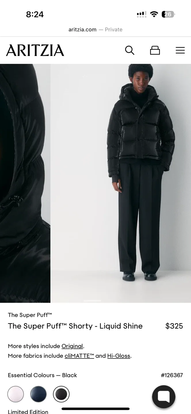 Aritzia The Super Puff Shorty Liquid Shine - XS Black image indicator(6)