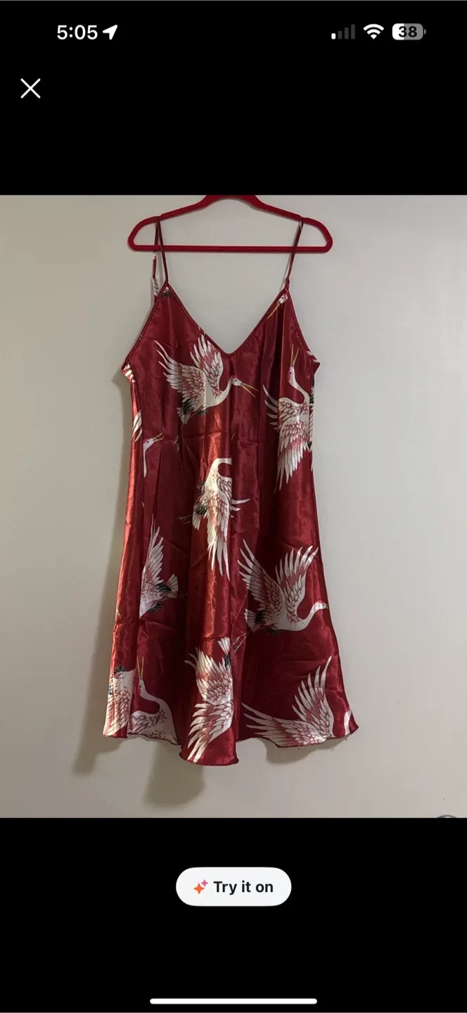 Red Crane Print Satin Slip Dress (Med) image indicator(2)
