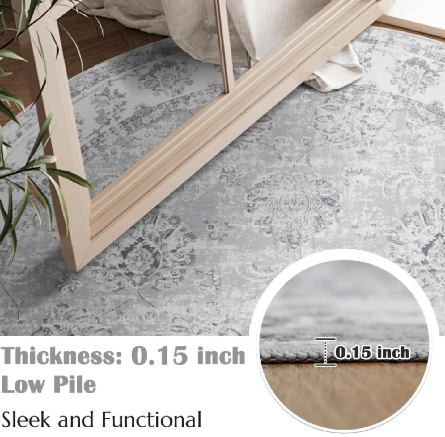 New 6’ Round Area Rug Washable Distressed Grey image indicator(4)