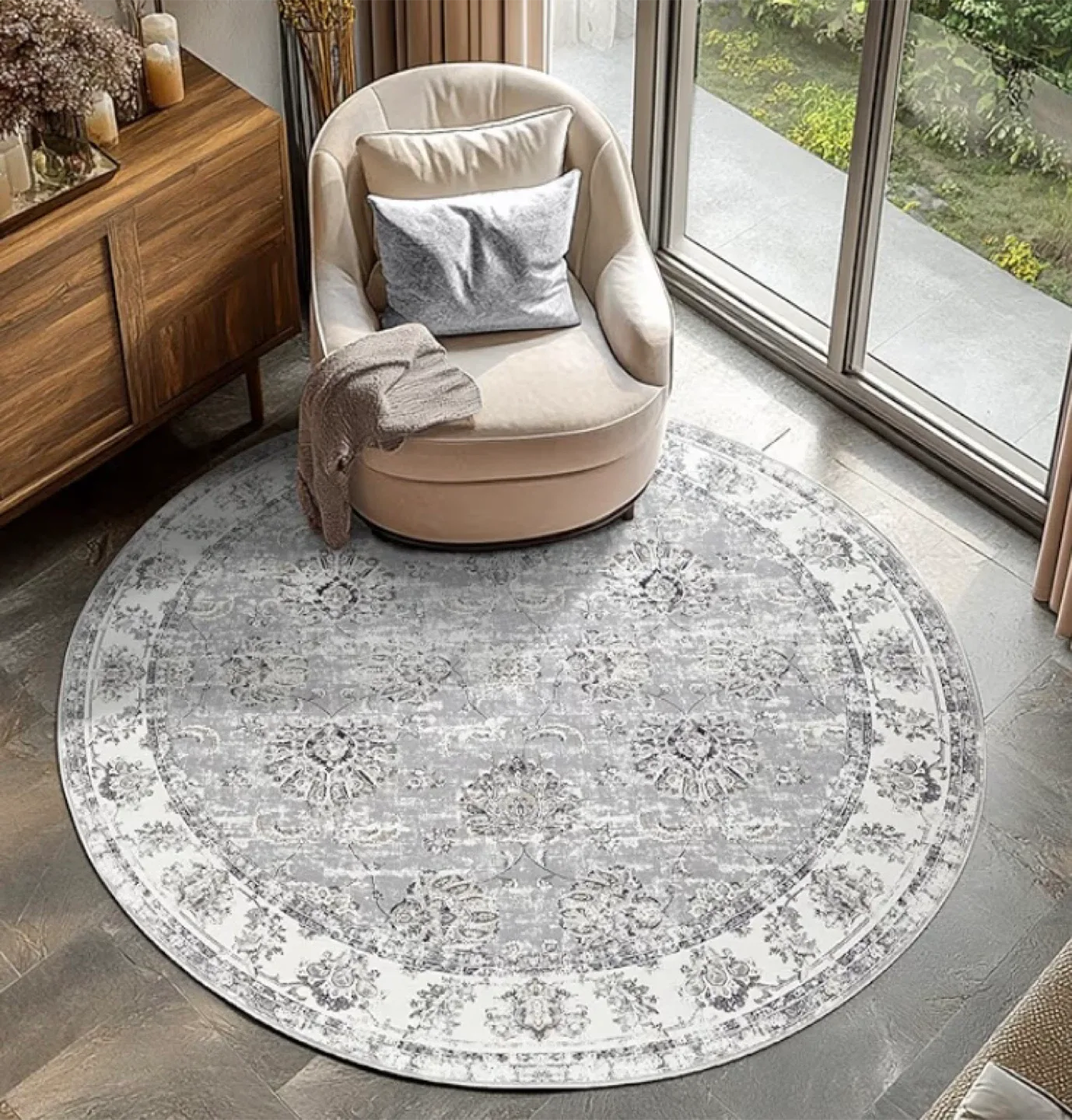 New 6’ Round Area Rug Washable Distressed Grey image indicator(3)