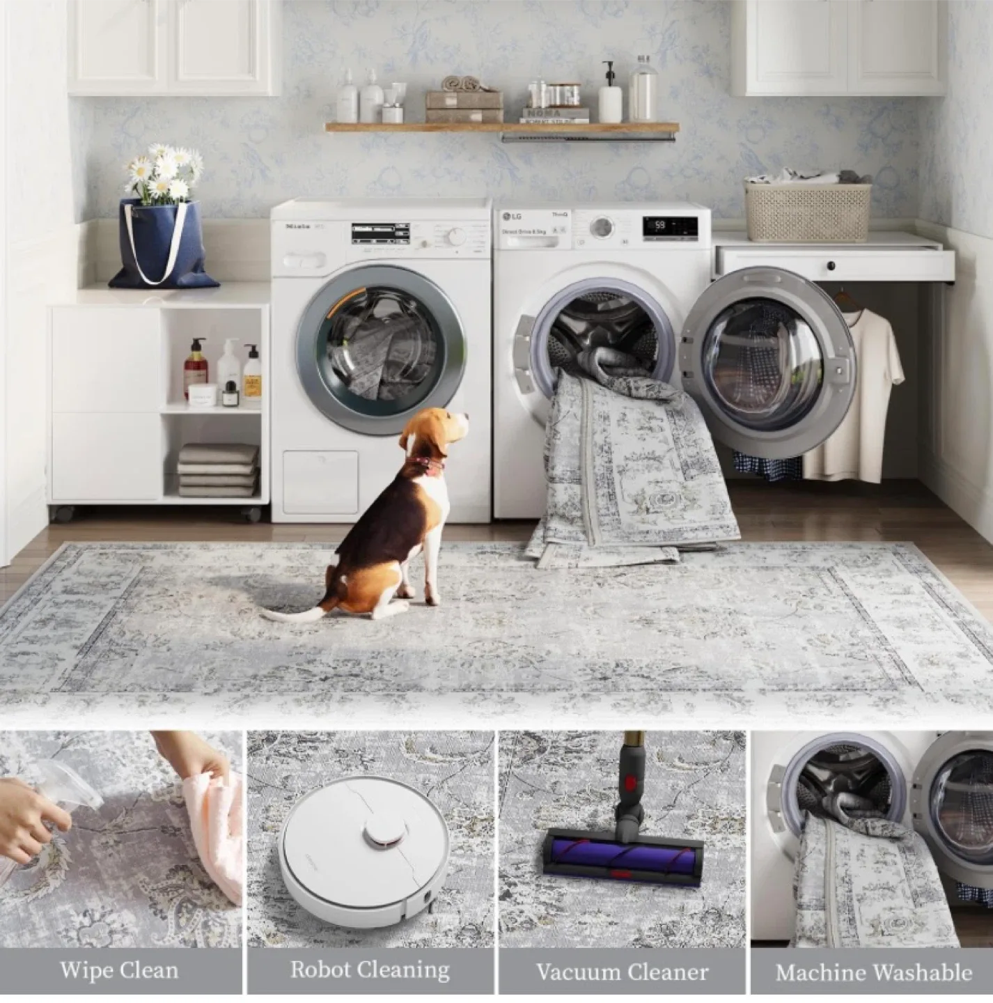 New 6’ Round Area Rug Washable Distressed Grey image indicator(5)