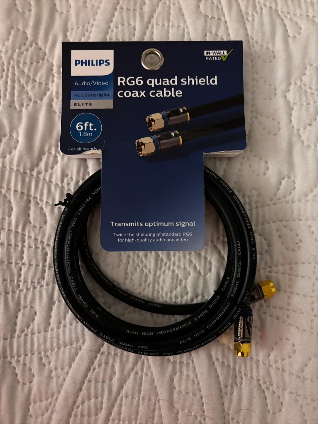 New Philips RG6 Quad Shield Coax Cable 6ft