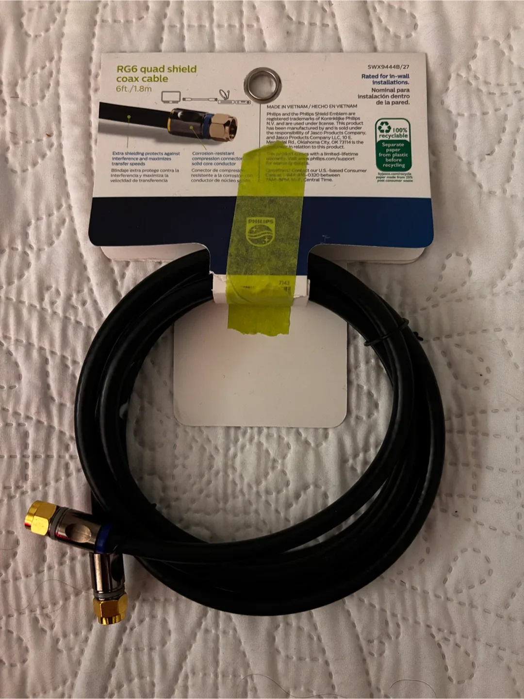 New Philips RG6 Quad Shield Coax Cable 6ft image indicator(2)