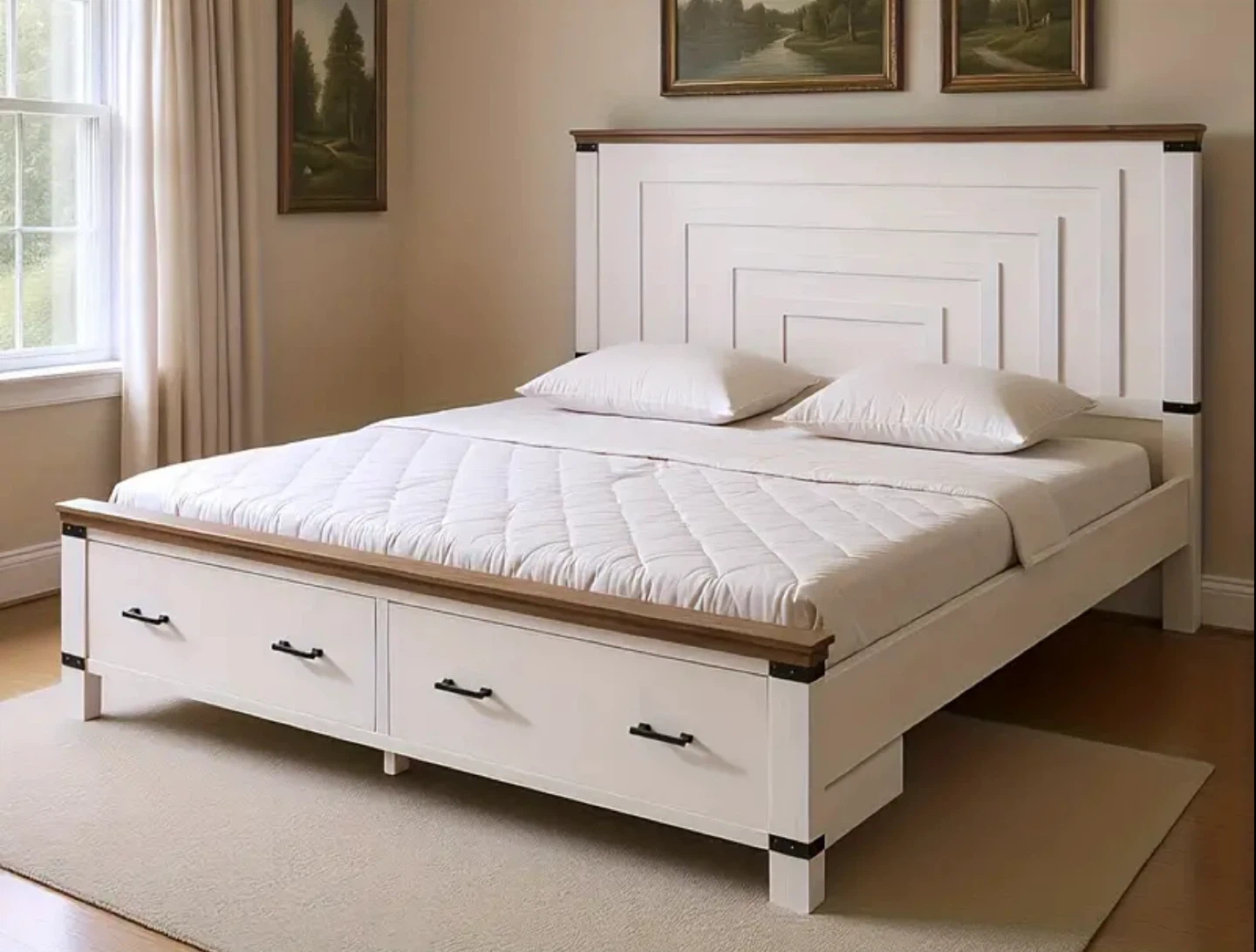 White Wooden Farmhouse Bed Frame with Storage Drawers