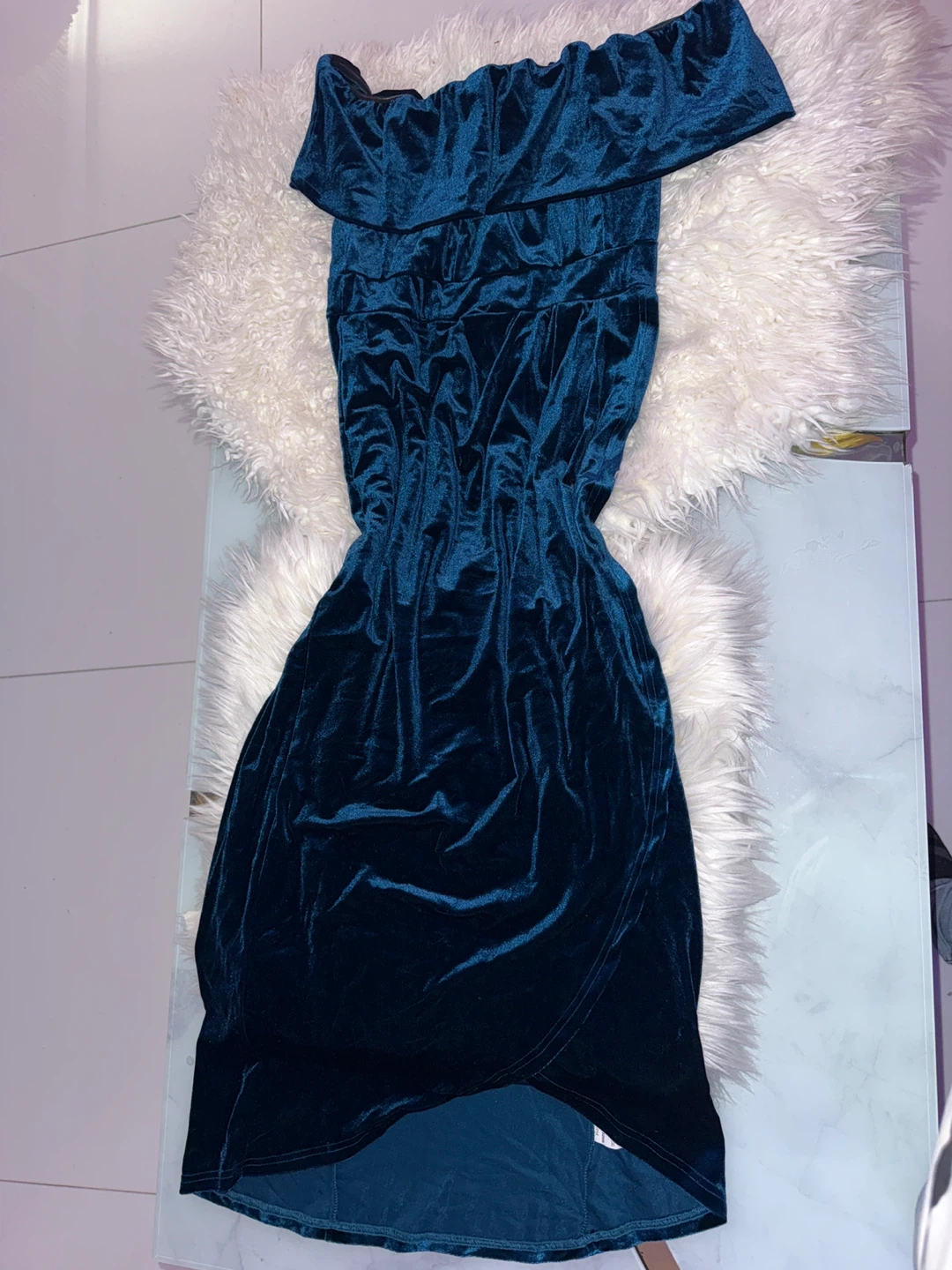 Blue Velvet Off-the-Shoulder Dress