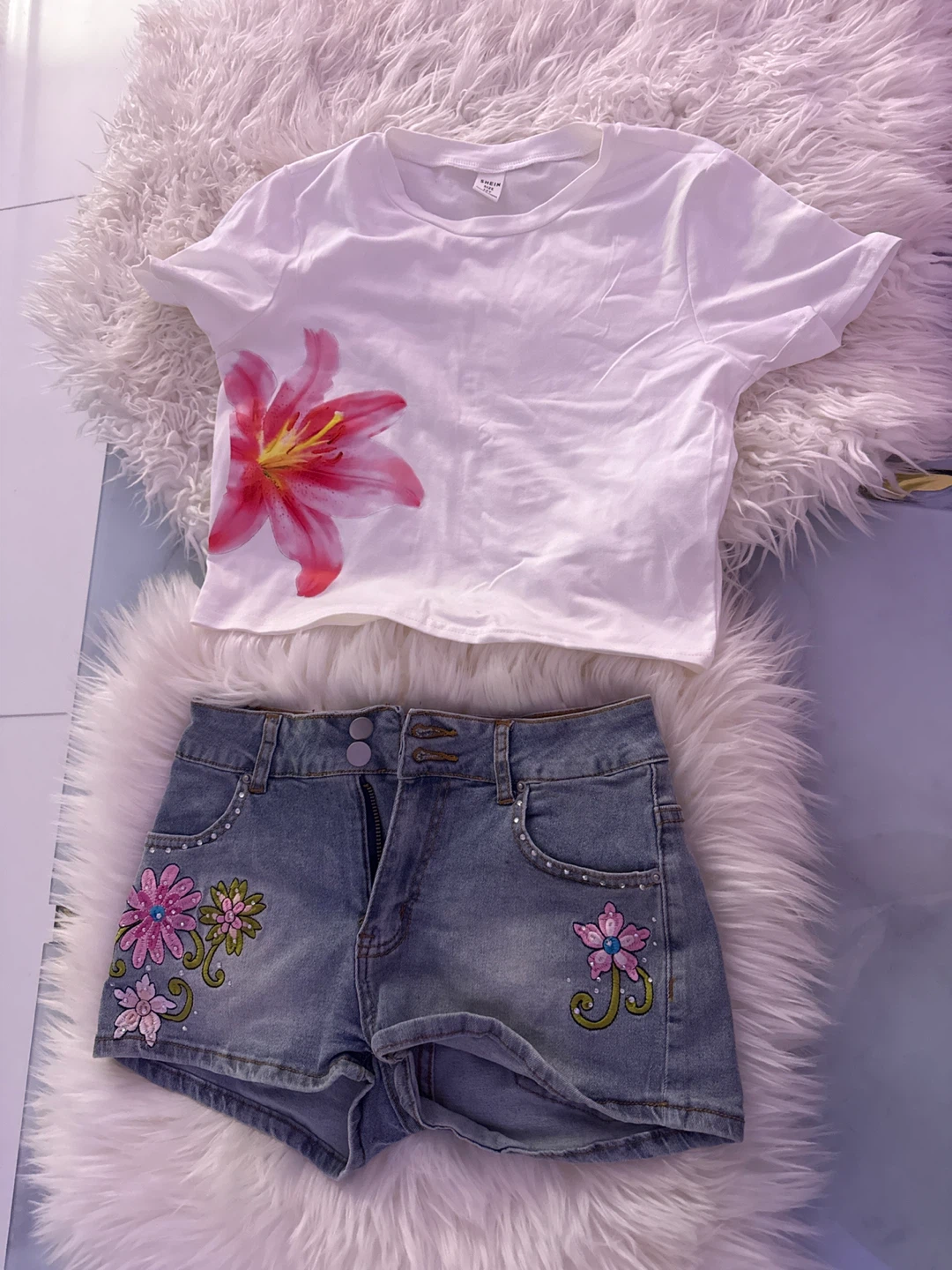 Girl White T-Shirt & Embellished Denim Shorts - Size 26