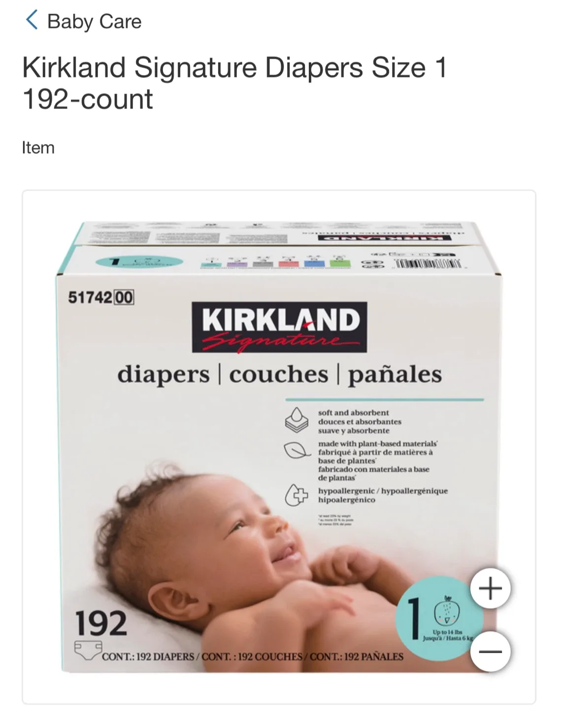 Kirkland Signature Diapers Size 1, 192 count