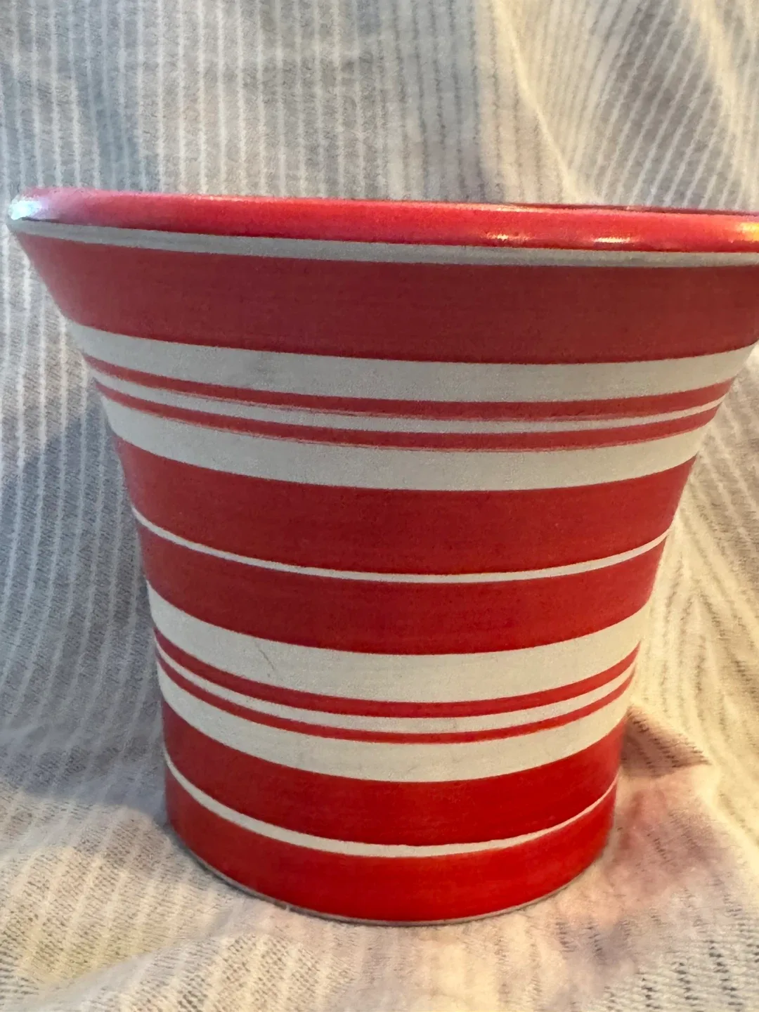 Red & White Striped Decorative Pot