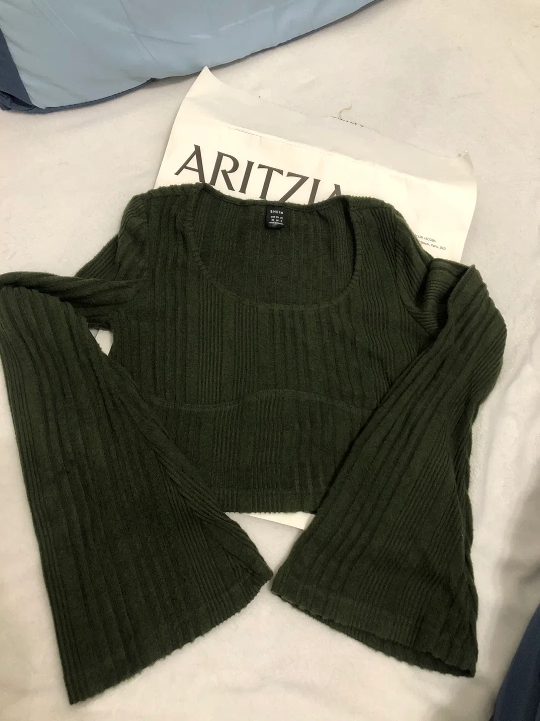 Shein Green Ribbed Long Sleeve Top - Size S thumbnail