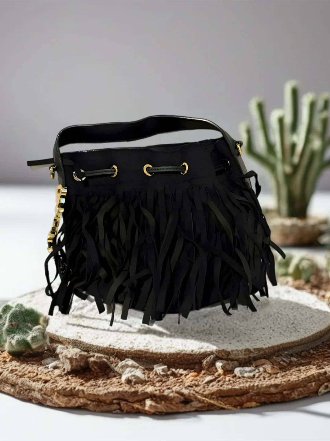 Black Fringe Bucket Bag
