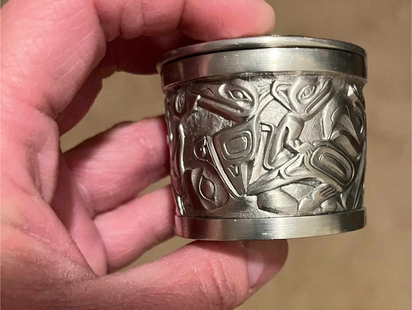 Vintage Pewter Box with Indigenous Art image indicator(5)