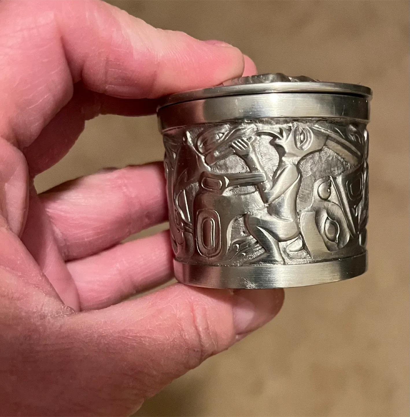 Vintage Pewter Box with Indigenous Art image indicator(6)