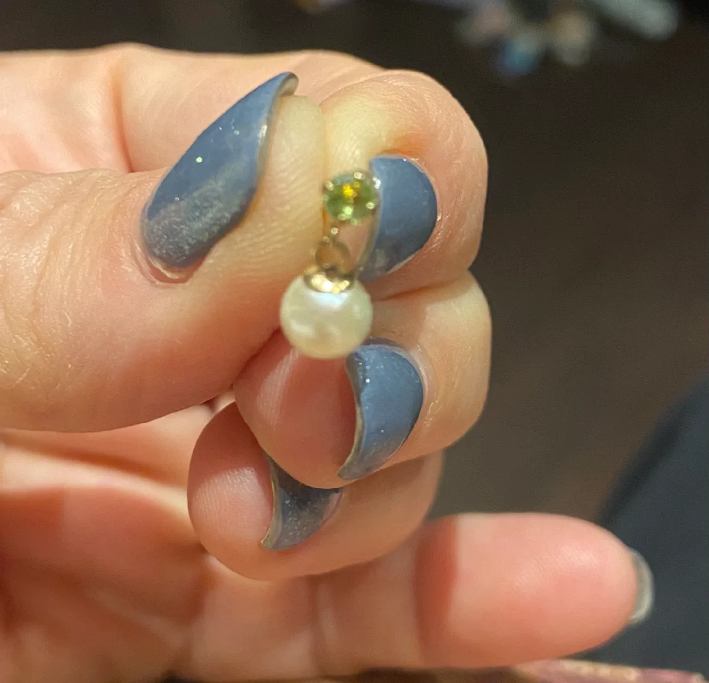 14k Gold Pearl Drop Earrings with Peridot Accent image indicator(4)