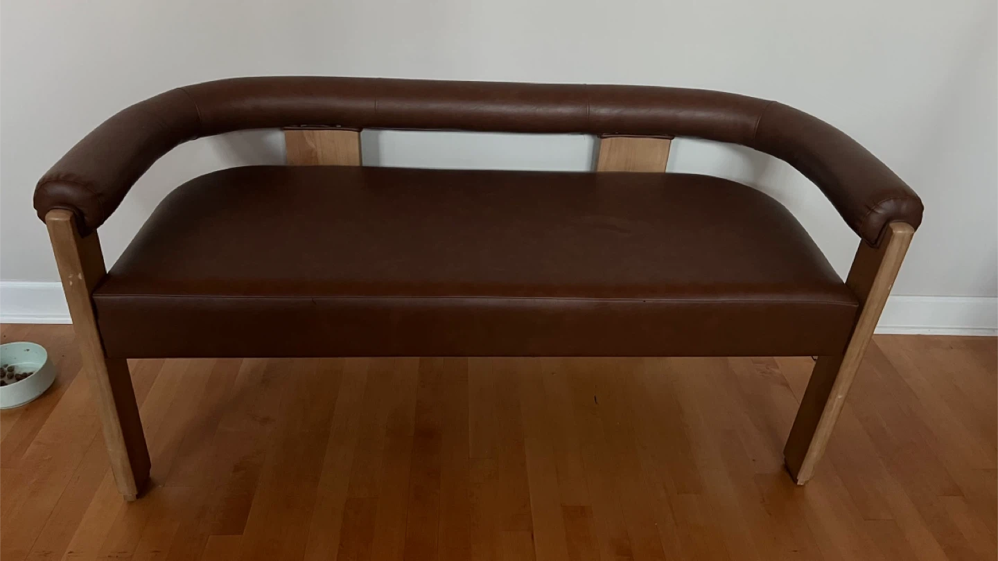 Brown Leather Bench with Wooden Frame