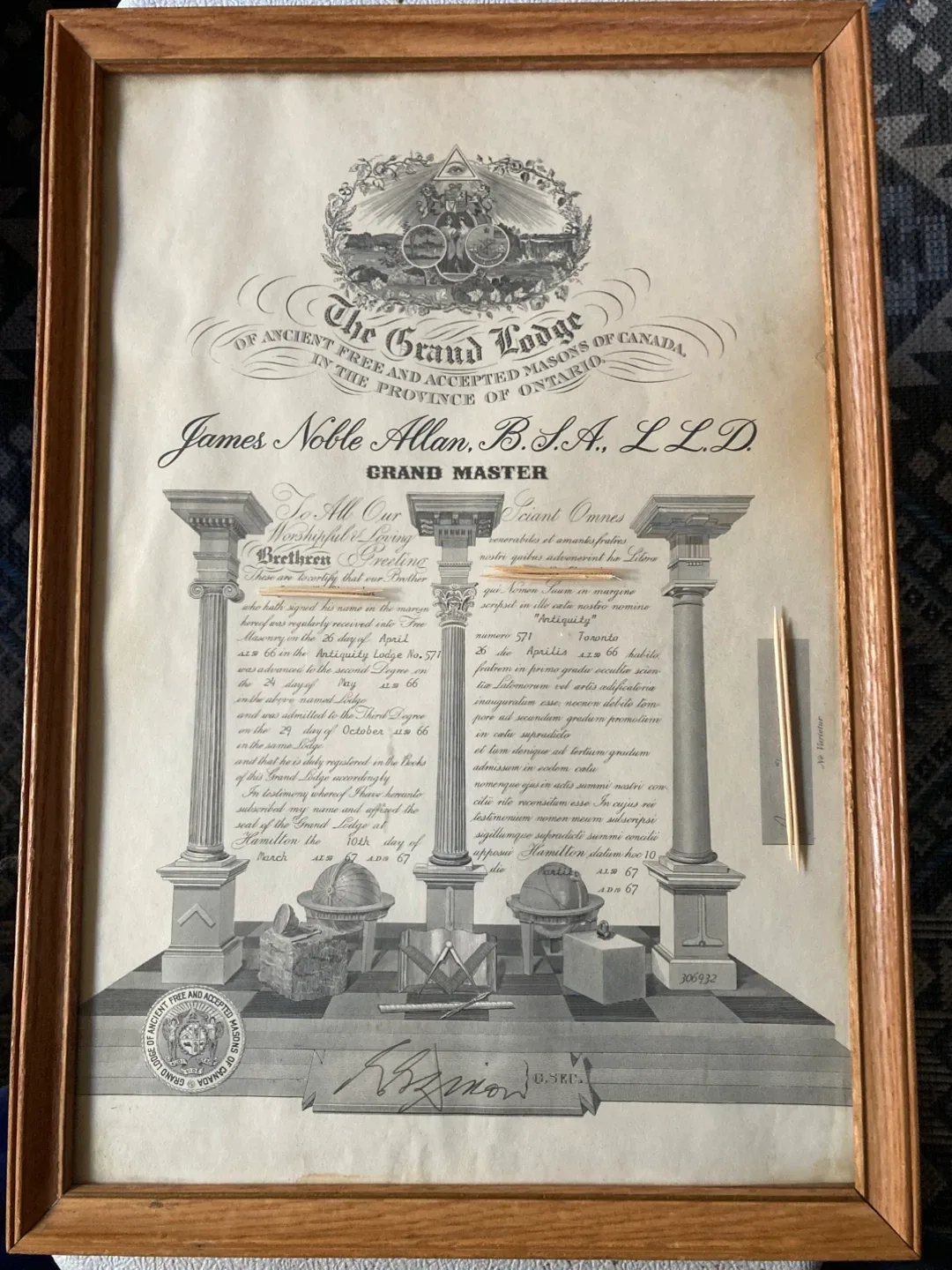 1967 Framed Grand Lodge of Canada ( Free Masons )  Certificate