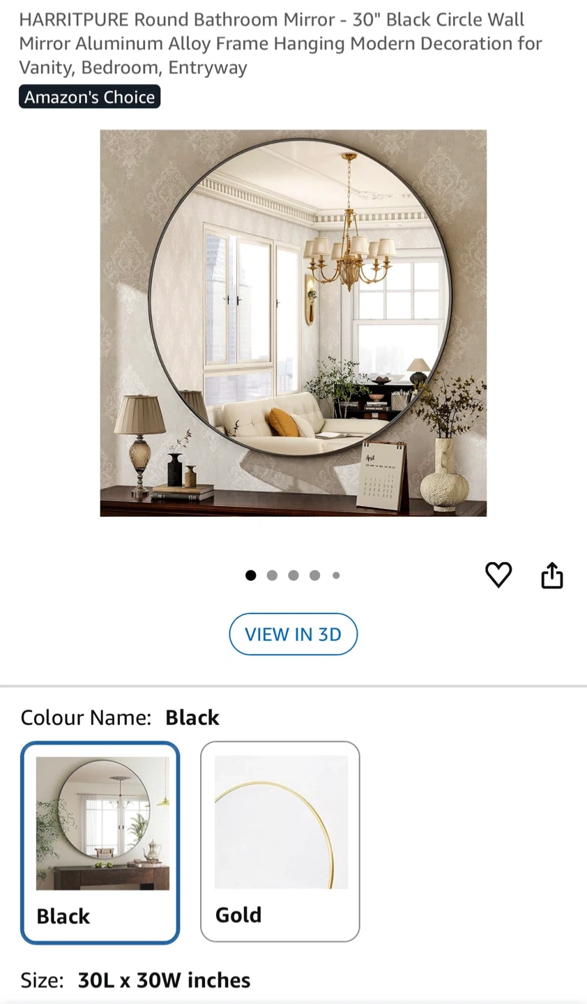 HARRITPURE 30" Round Bathroom Mirror - Black