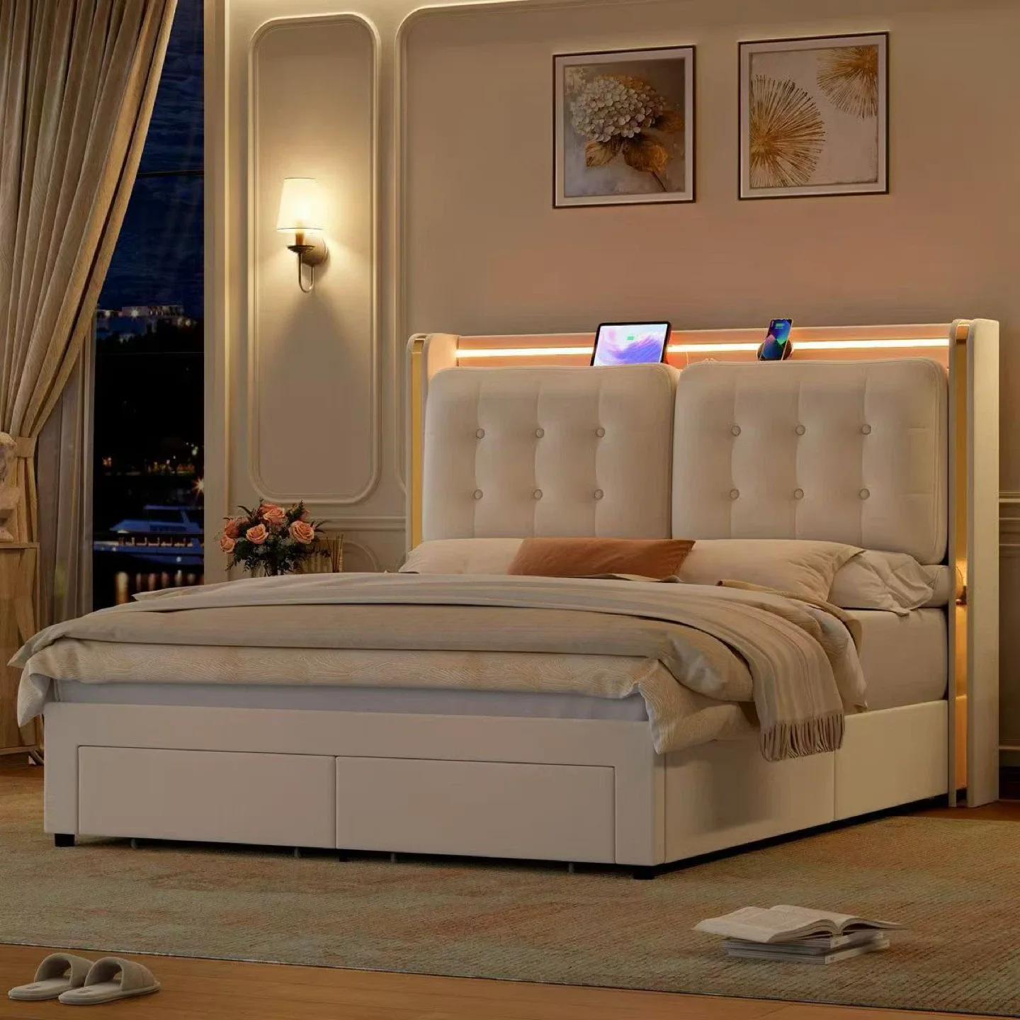 Queen Size LED Bed Frame with Storage image indicator(3)