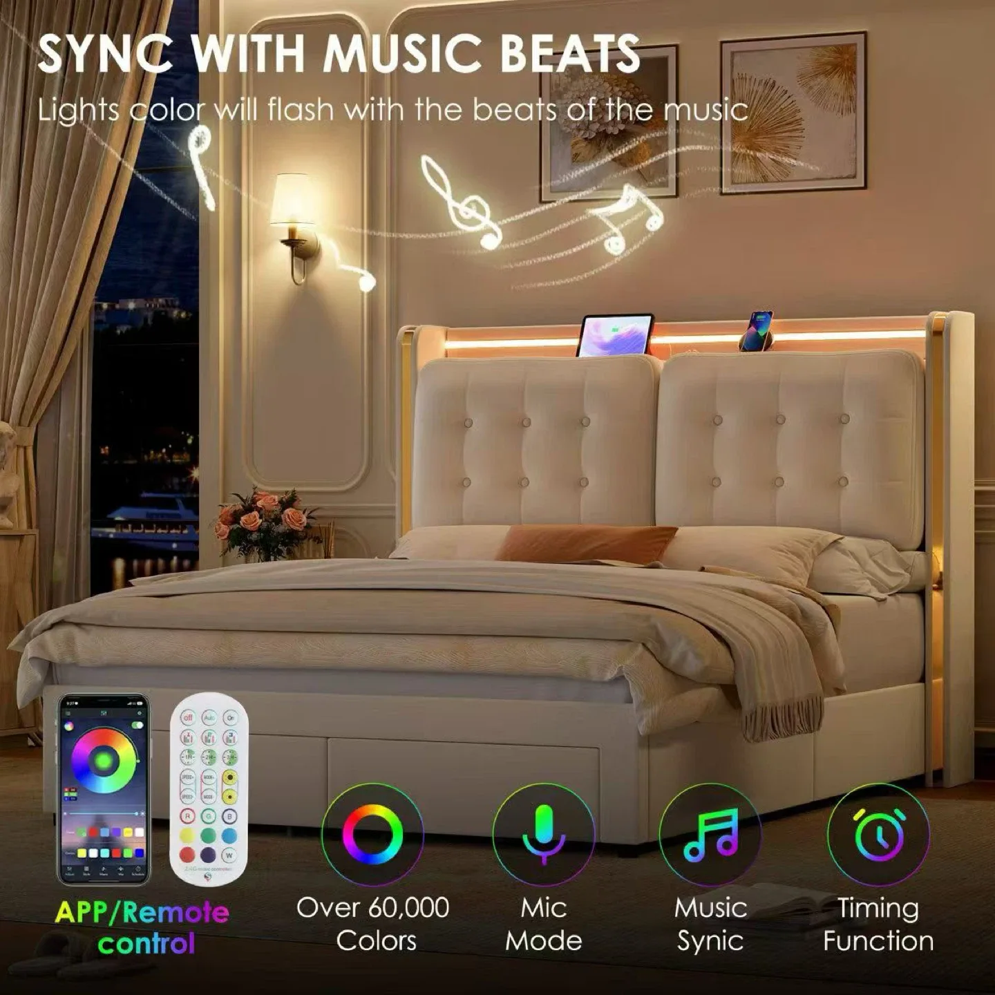 Queen Size LED Bed Frame with Storage image indicator(2)