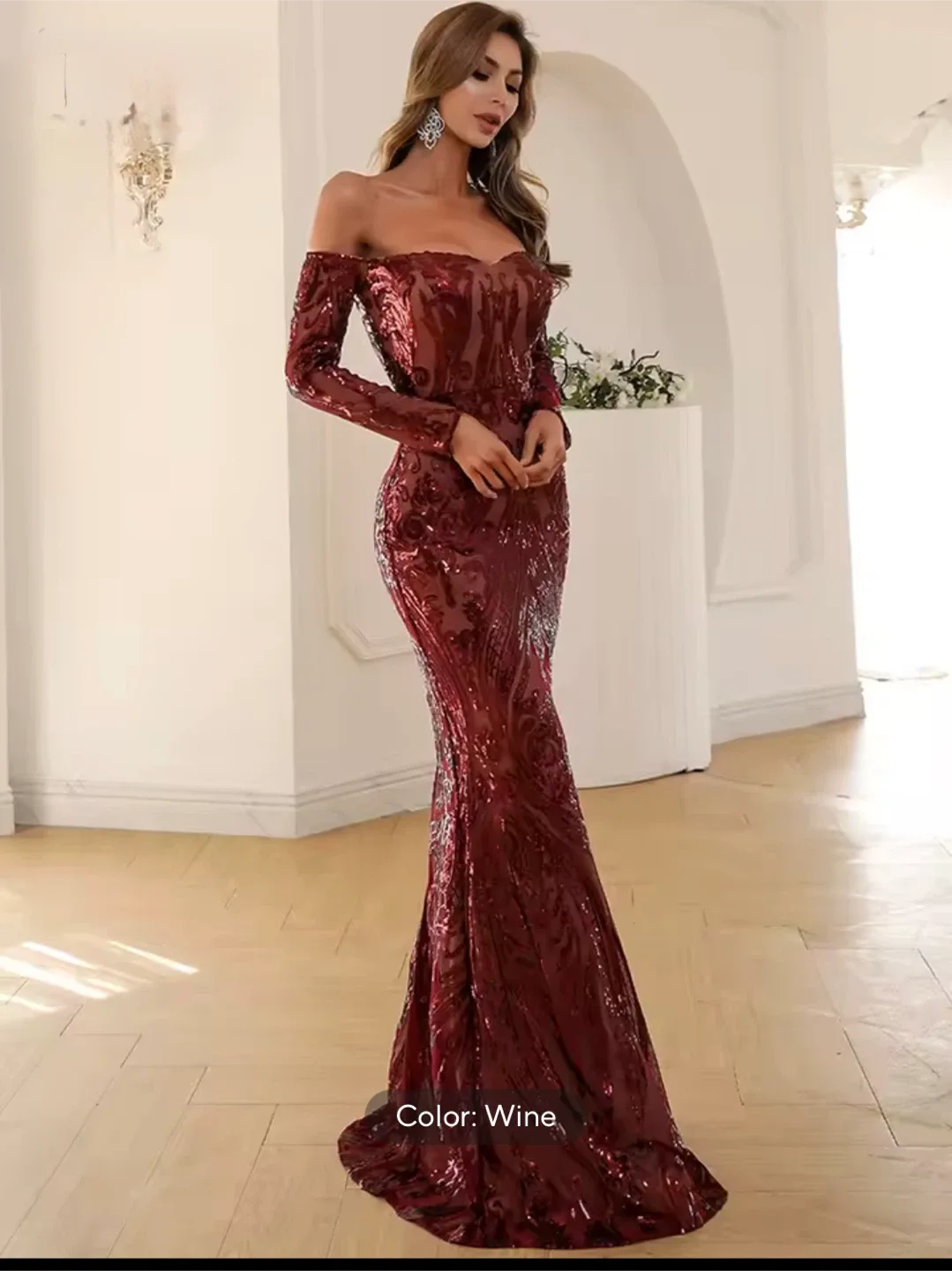 Wine Coloured Sequin Evening Gown