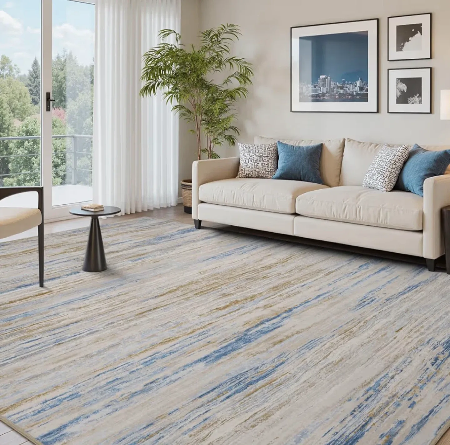 Area Rug 8x10 ft- Blue, Beige, and Gold