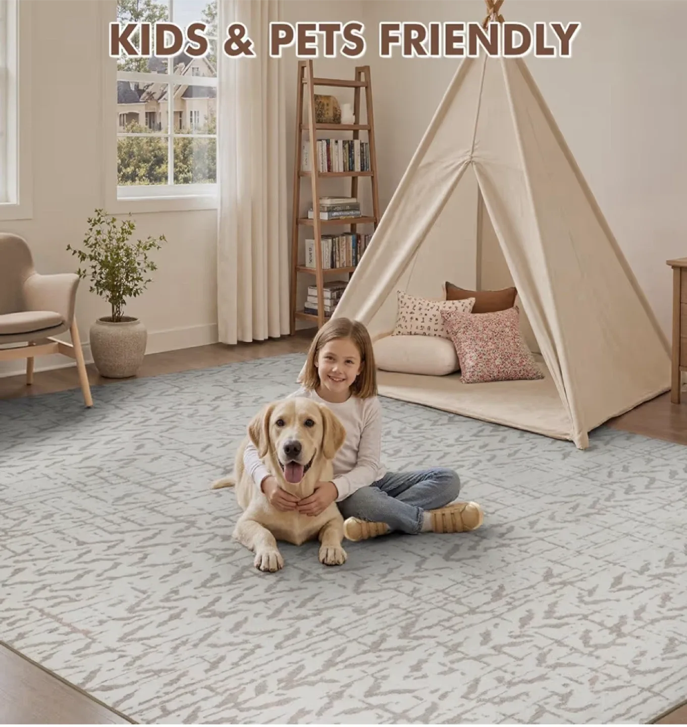 Beige & Grey Abstract Area Rug 8x10 ft- Machine Washable