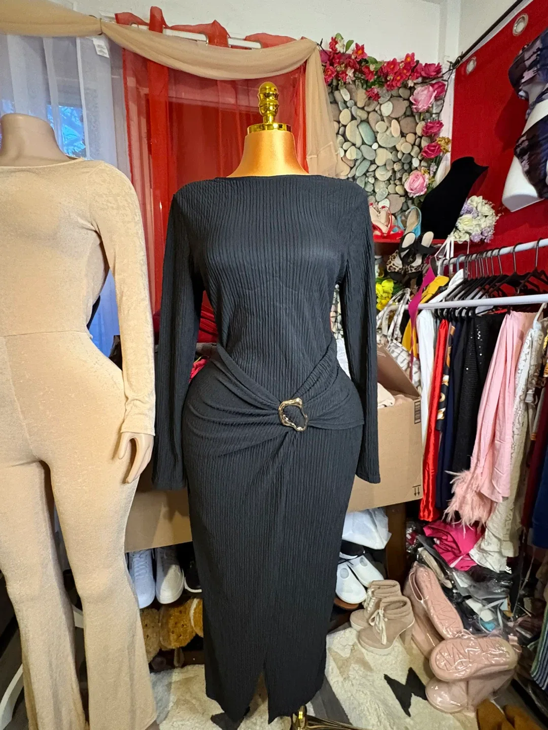 Black Long Sleeve Dress with Buckle thumbnail