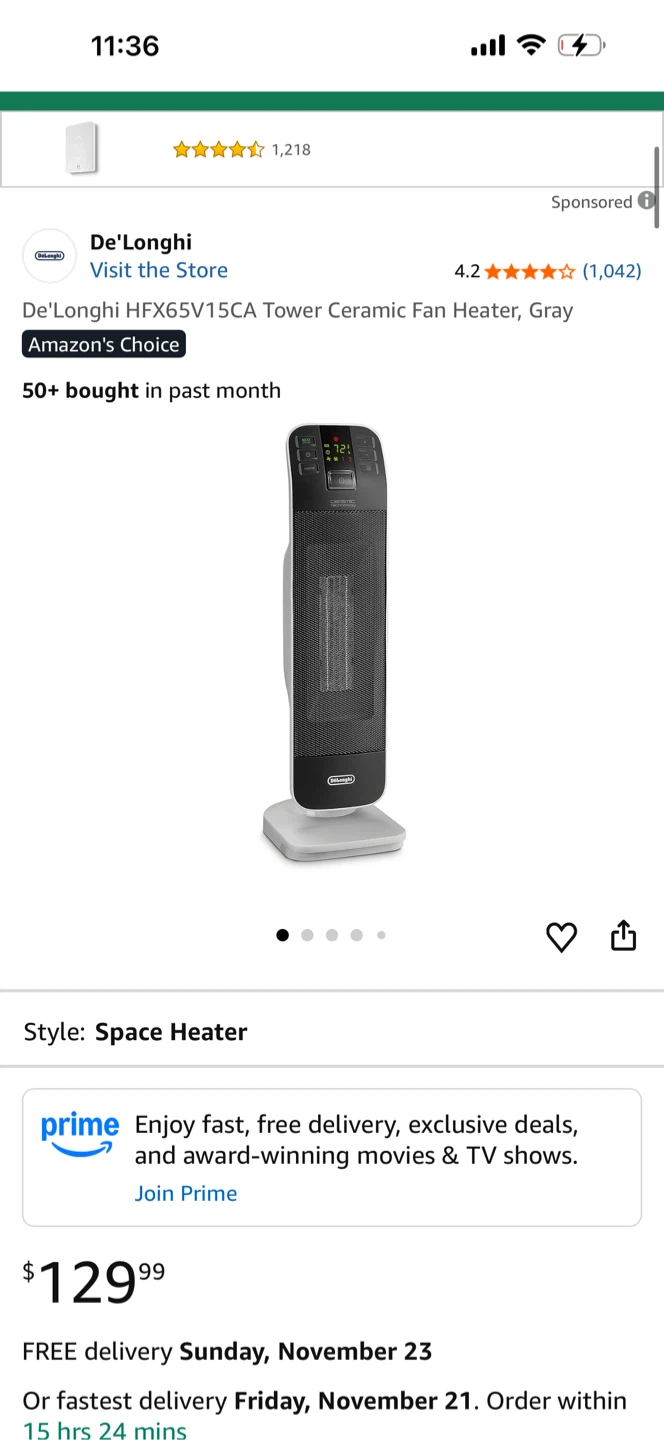 De'Longhi HFX65V15CA Tower Ceramic Fan Heater, Gray - photo 3