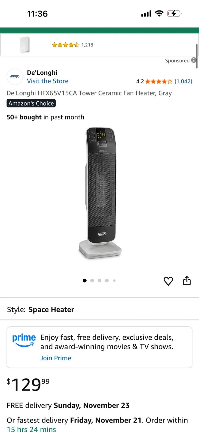 De'Longhi HFX65V15CA Tower Ceramic Fan Heater, Gray image indicator(3)