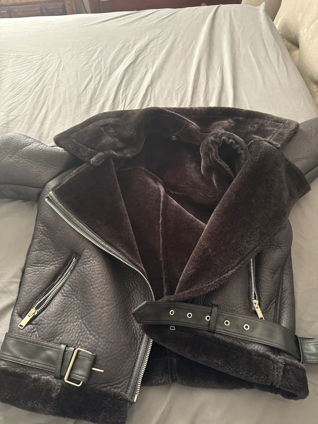 Black Faux Leather Aviator Jacket image indicator(3)