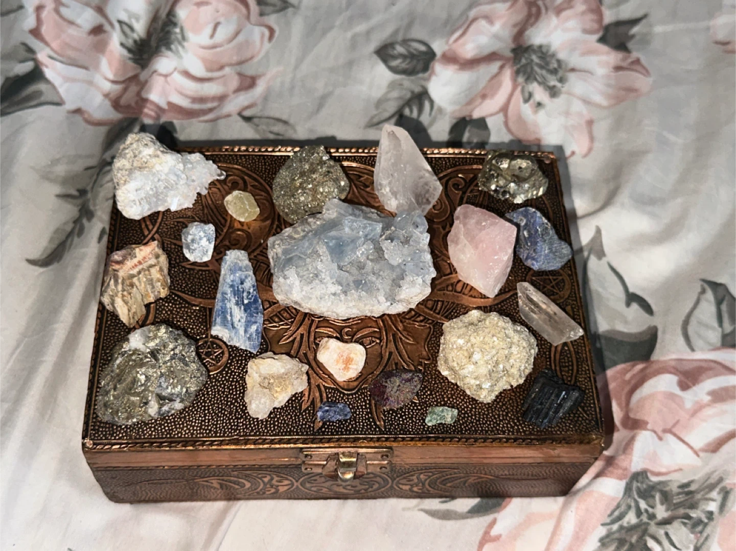 Ornate Copper-Colored Witchcraft Box with crystals