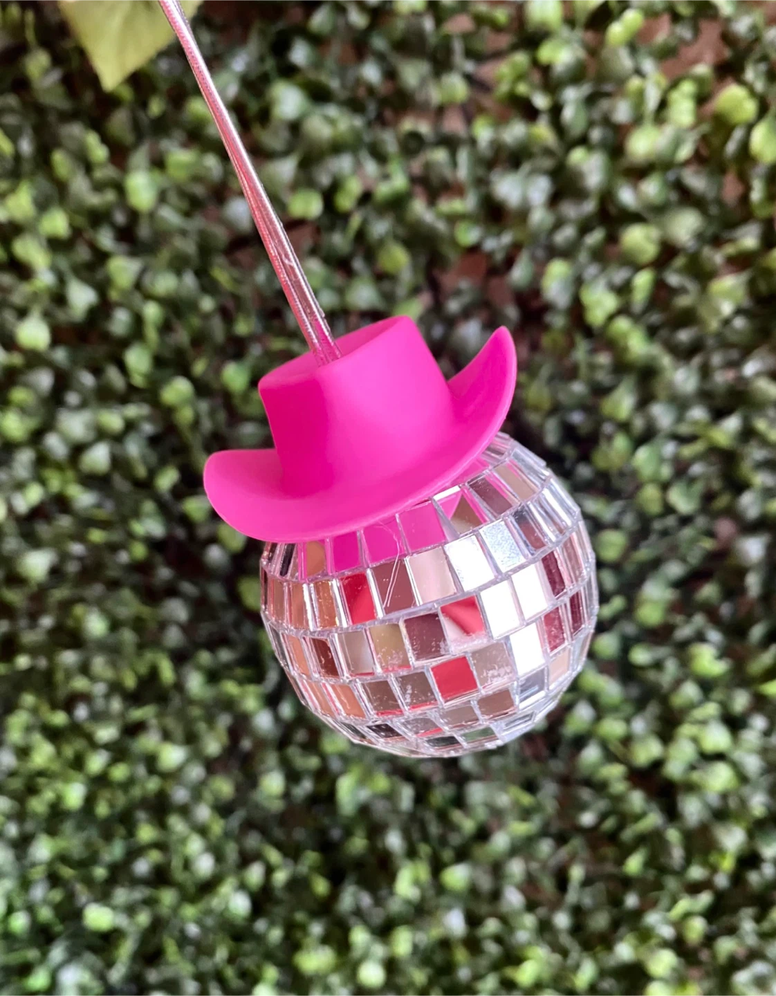 Disco Ball Ornament with Pink Cowboy Hat