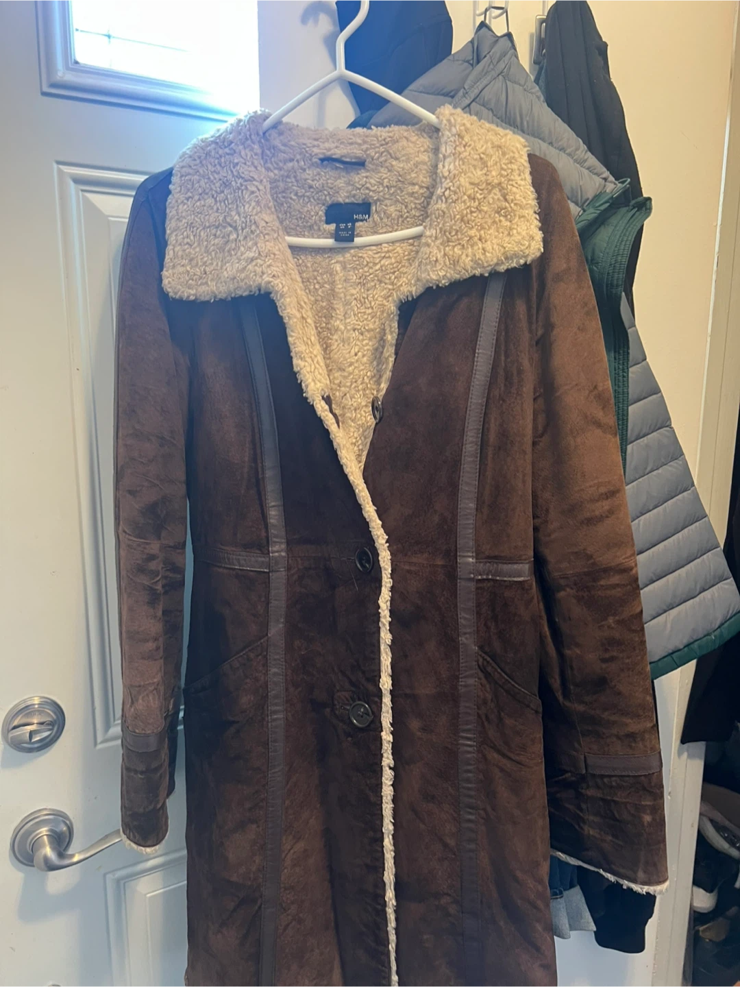 H&M Brown Faux Suede Coat with Faux Fur Collar