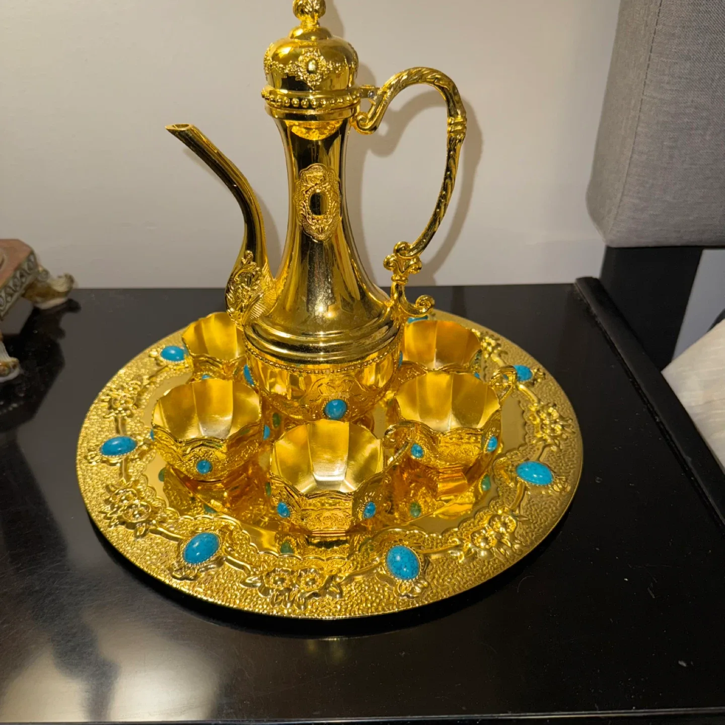 Gold Coloured Tea Set with Turquoise Accents image indicator(3)