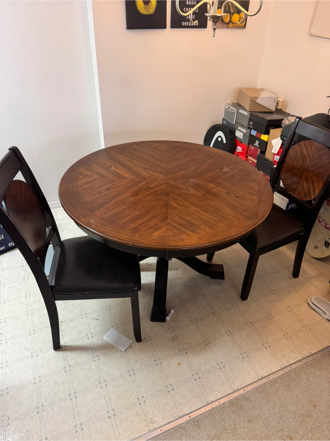 Round Wooden Dining Table with Two Chairs