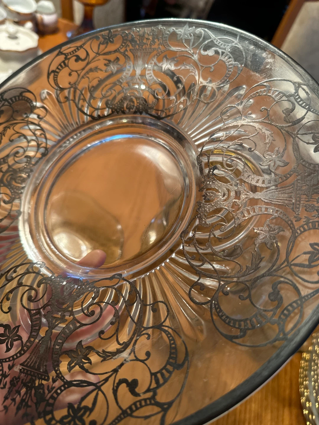 Vintage SILVER OVERLAY Glass Plate with Floral Design