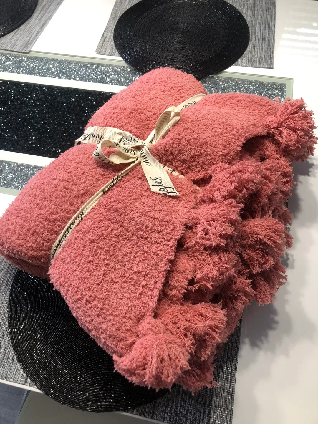 Sunset Snuggles Dusty Rose Tassel Throw Blanket