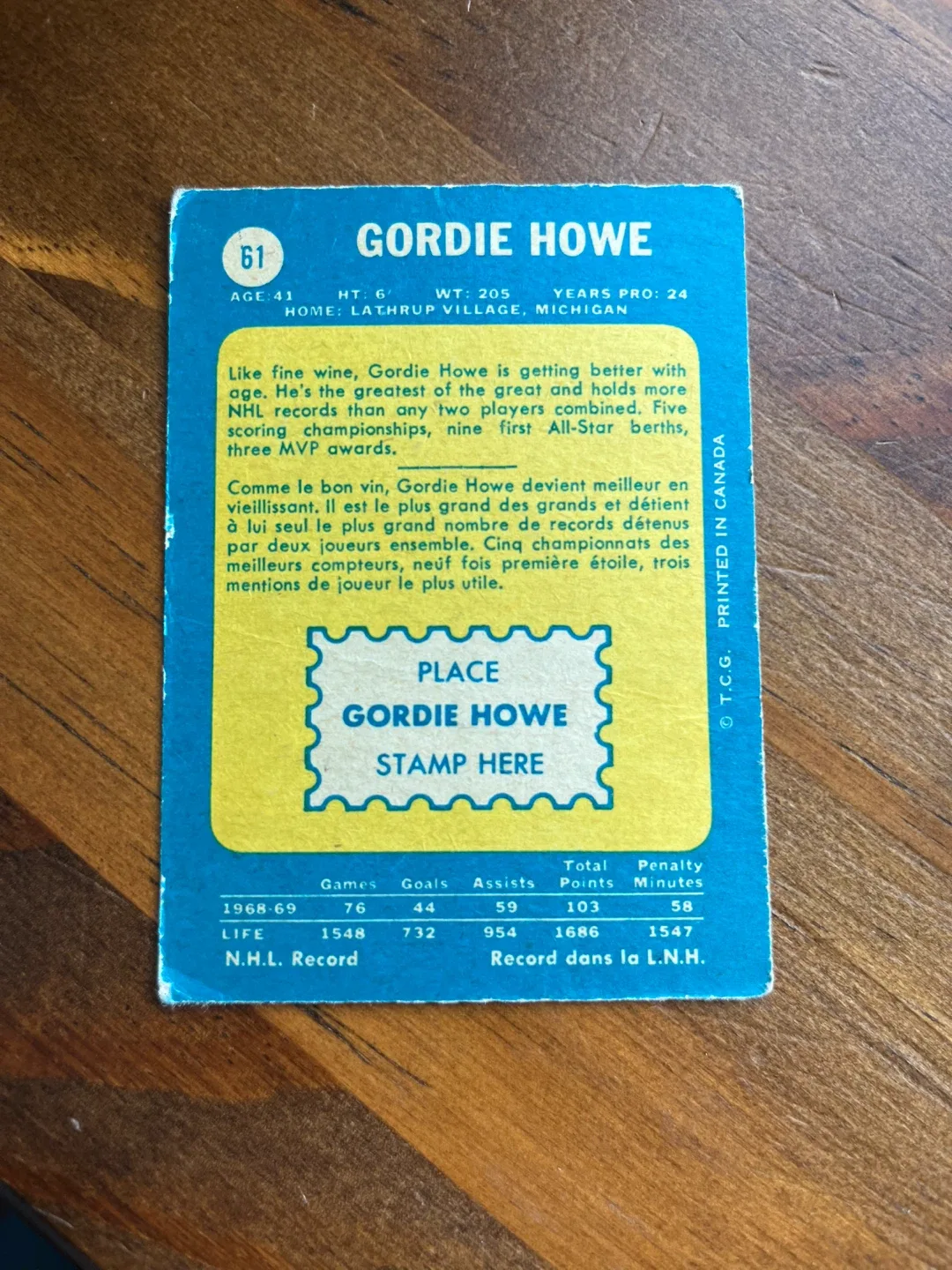 Gordie Howe T.C.G. Hockey Card 1968-69 image indicator(2)